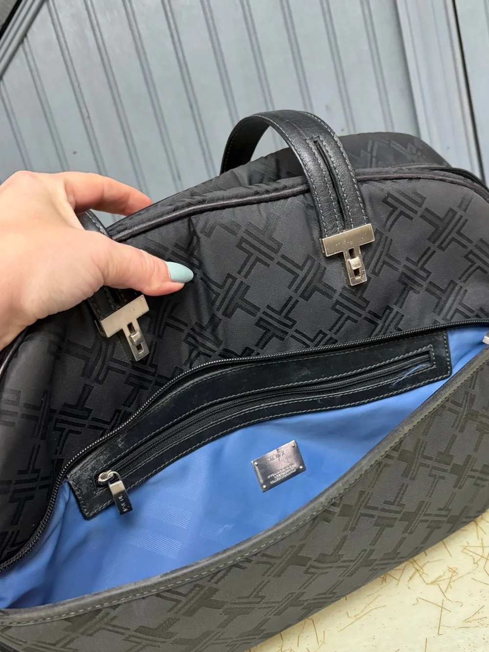 TUMI Signature Monogram Laptop Computer Work Tote Bag Black, Leather Trim
